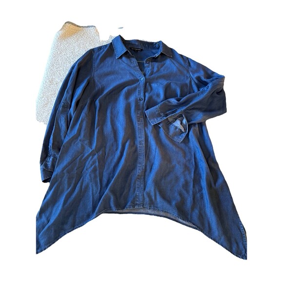 Zac & Rachel Chambray Button Up Shirt Blue Tunic Roll Tab Top  1X - Picture 5 of 9